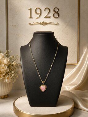 1928 Jewelry Company Vintage-Inspired Gold Tone Pink Heart Filigree Pendant Neck